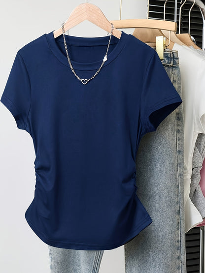 Damen Basic T-Shirt mit Rundhalsausschnitt und Raffung – Alltag & Freizeit