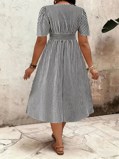 Robe midi élégante rayée pour femme avec décolleté en V et taille froncée – Parfaite pour le quotidien et les occasions spéciales