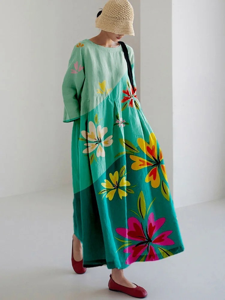 Damen Maxikleid Retro A-Linie mit großen Blumen – Sommerkleid im künstlerischen Vintage-Stil, Elegantes Freizeitkleid