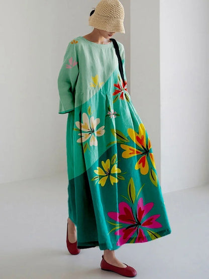 Damen Maxikleid Retro A-Linie mit großen Blumen – Sommerkleid im künstlerischen Vintage-Stil, Elegantes Freizeitkleid