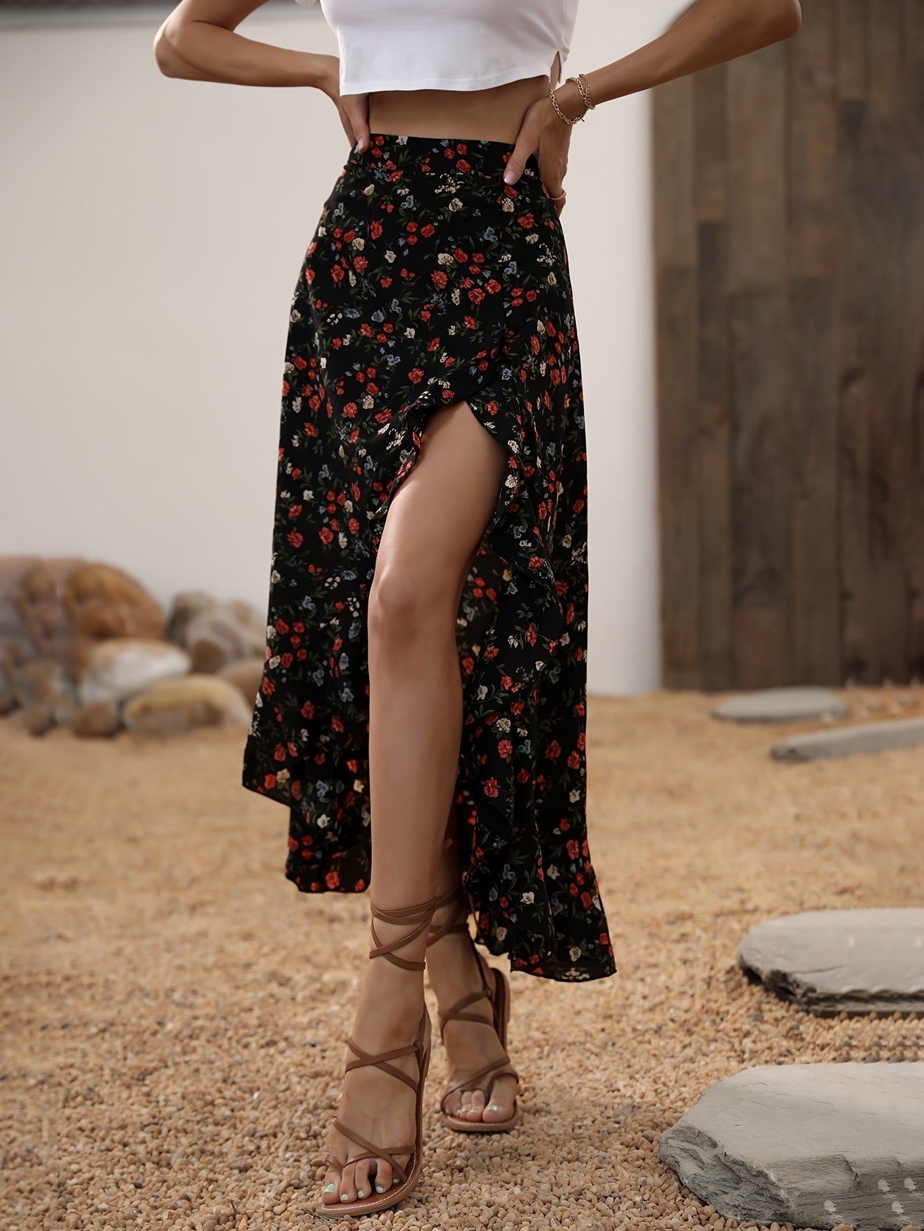Damen Maxirock Elegant mit Blumenmuster und Volants für Frühling und Sommer