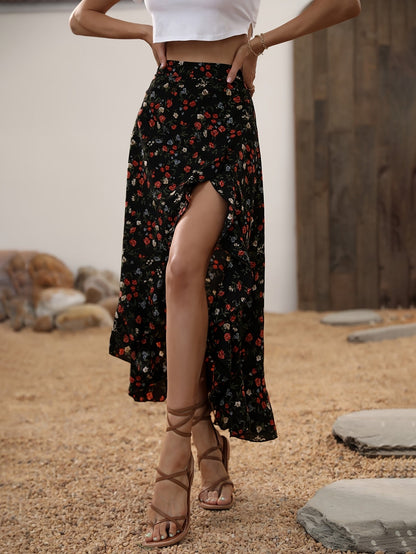Damen Maxirock Elegant mit Blumenmuster und Volants für Frühling und Sommer