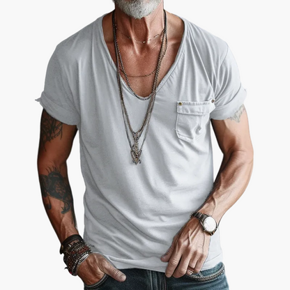Herre V-udskåret T-shirt med brystlomme i afslappet streetstyle til hverdag og fritid