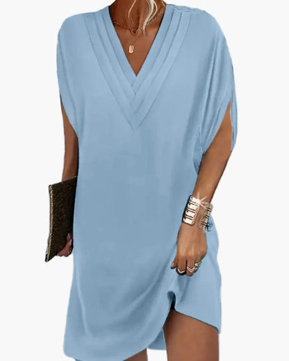 Damen Kleid mit V-Ausschnitt und modernen Schlitzärmeln – Eleganter Freizeitstil für Alltag und Events