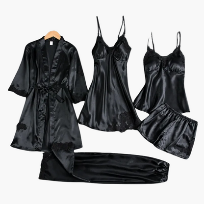 Damen Luxus Nachtwäsche Set 5-teilig – Elegantes Pyjama- und Loungewear Set mit Kimono, Nachthemd, Top, Shorts & Hose