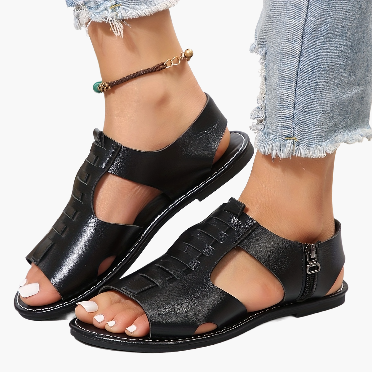 Damen Sommer Sandalen mit Reißverschluss – Bequeme Flats im Boho-Stil für Alltag und Freizeit
