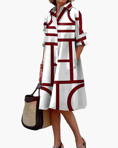 Vestido camisa para mujer con estampado geométrico y bolsillos prácticos – Moderno y versátil para día a día y oficina