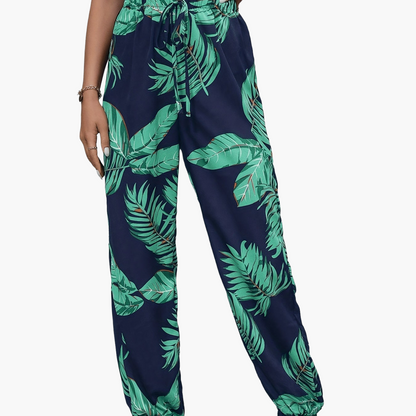 Damen Sommer-Jogginghose im tropischen Print, lockere Freizeithose für Urlaub & Alltag