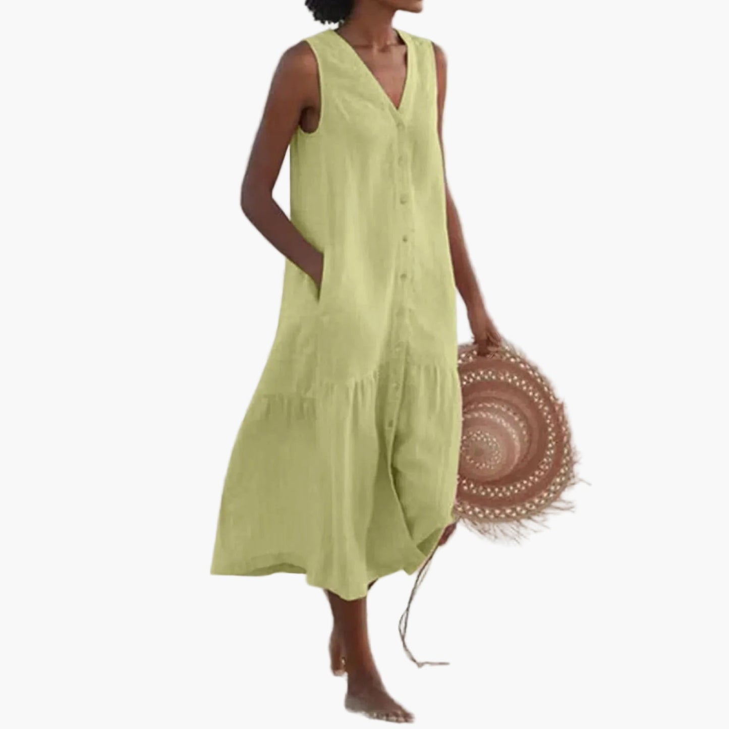 Vestido midi sin mangas de verano para mujer con botonadura – Vestido perfecto para playa y tiempo libre