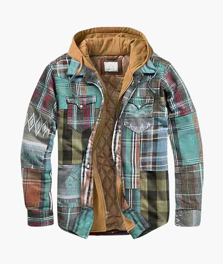 Herren Übergangsjacke mit Kapuze – Kariertes Patchwork, Urbaner Freizeitstil, Warm und Vielseitig