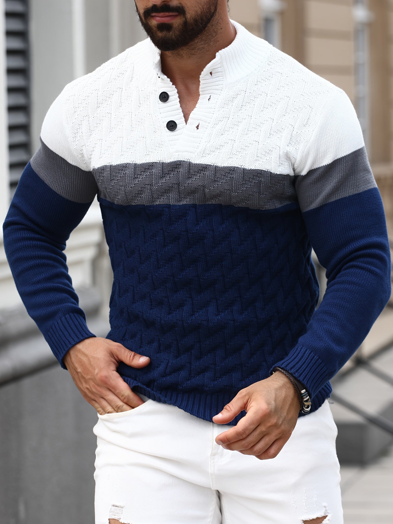 Herren Strickpullover Blockfarben Zopfmuster Stehkragen Knopfleiste