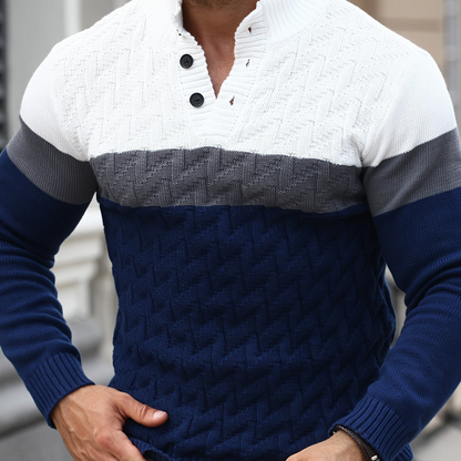 Herren Strickpullover Blockfarben Zopfmuster Stehkragen Knopfleiste
