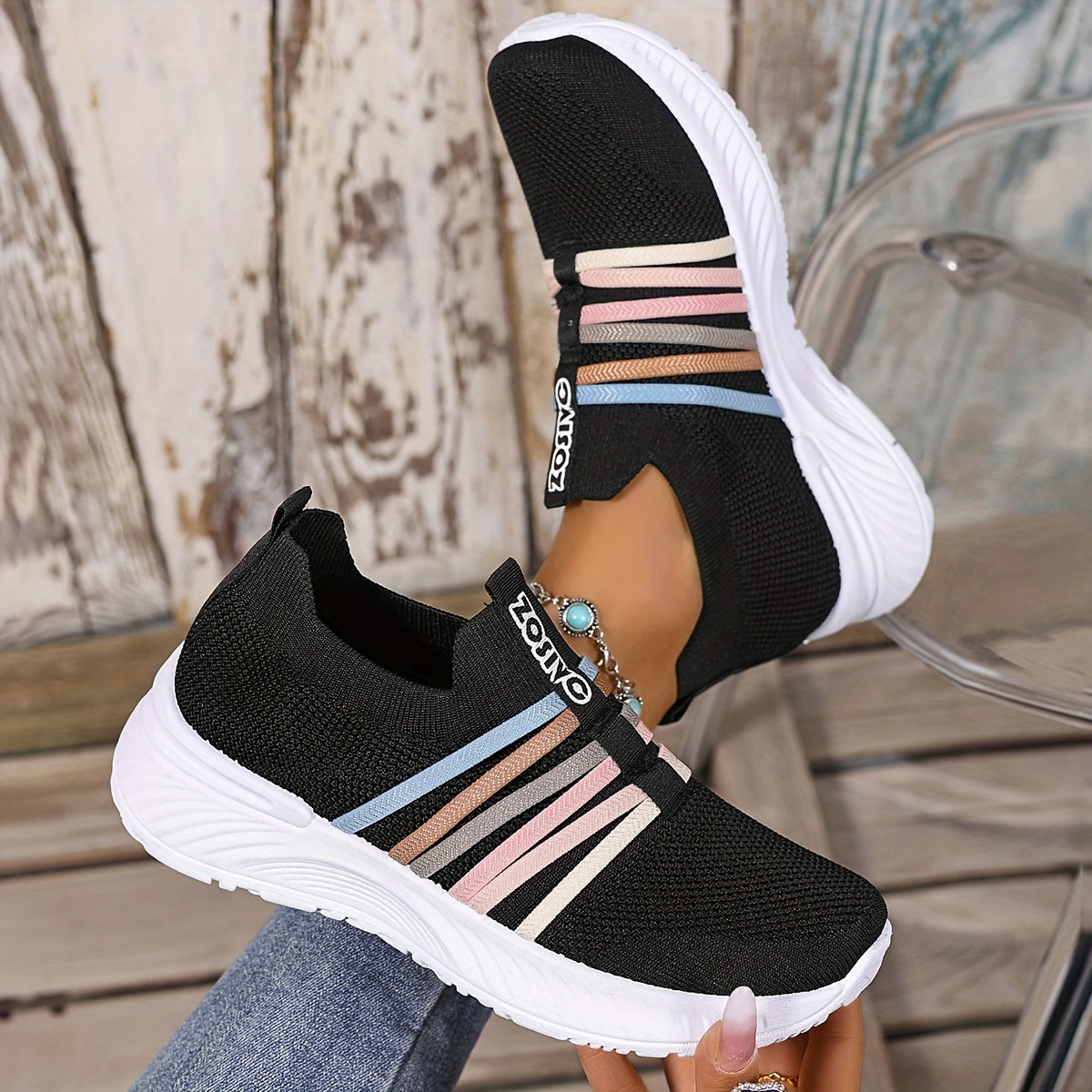 Sneaker Slip-On da donna con motivo a righe – Scarpe casual comode per tutti i giorni e viaggi