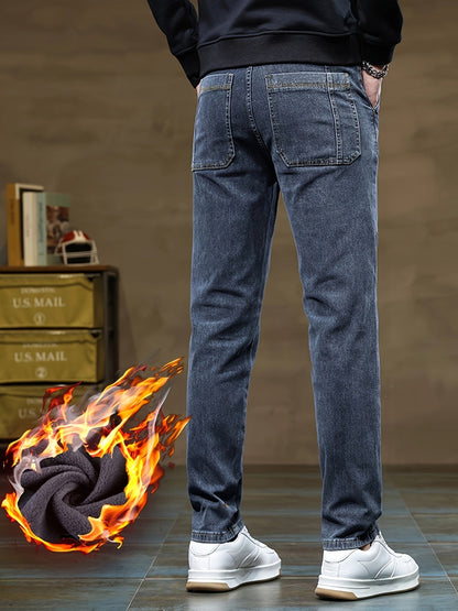 Jeans invernali da uomo, pantaloni foderati, neri o blu, vestibilità dritta
