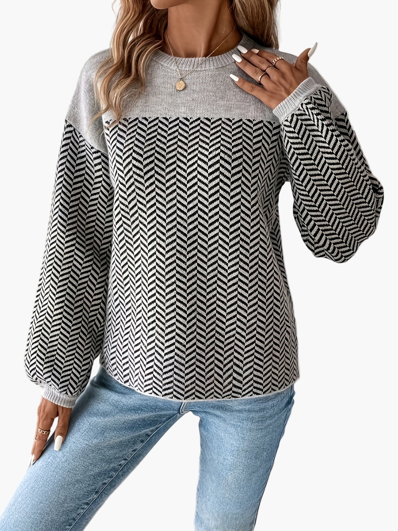 Maglione casual da donna a maglia con motivo pied de poule e scollo rotondo – Perfetto per autunno e inverno