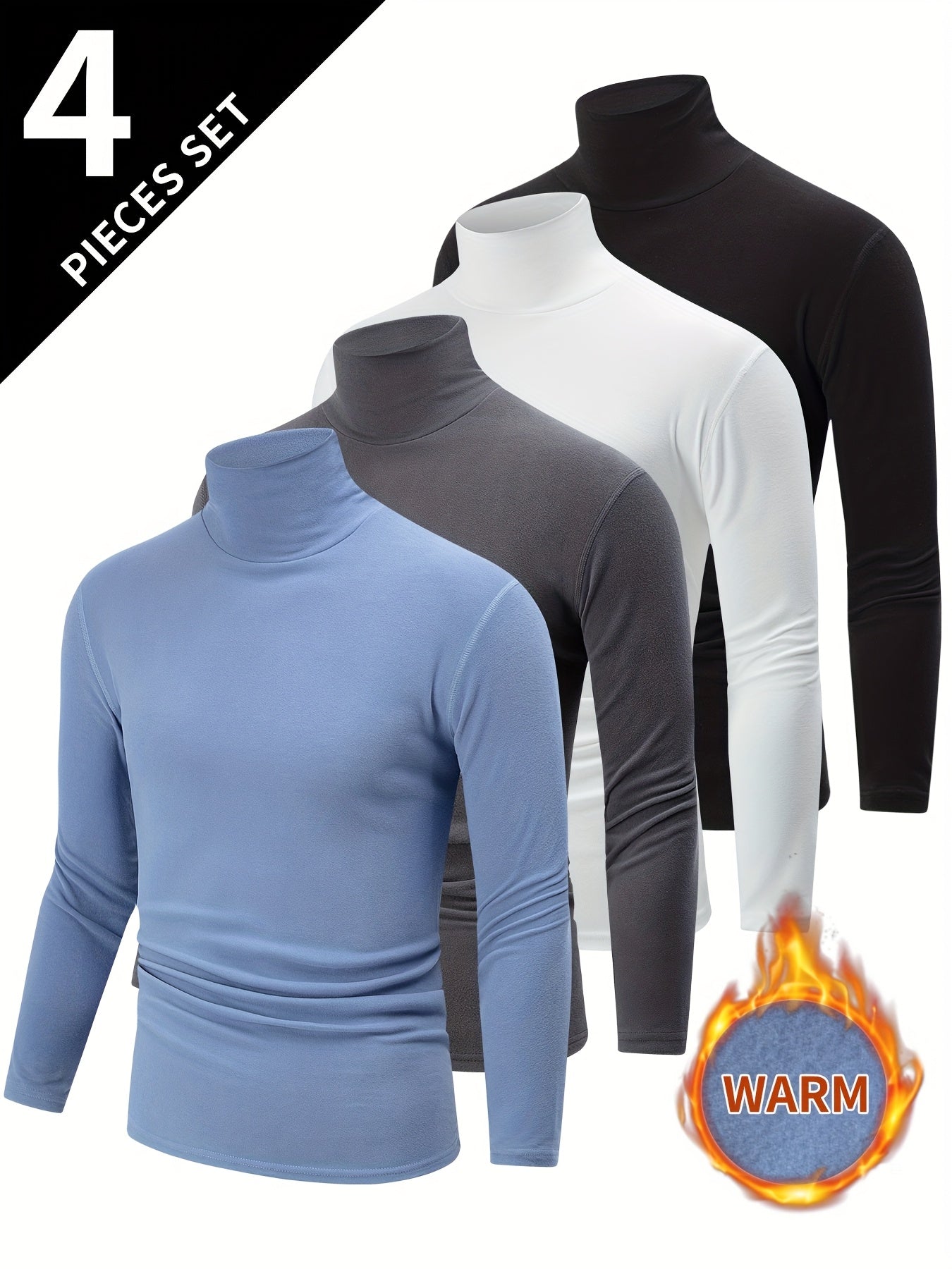 Rollkragen Langarmshirt 4er Set – Schwarz, Weiß, Grau, Hellblau