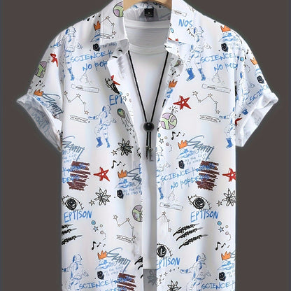 Herrens kortärmade fritidsskjorta med graffiti-tryck – urban streetwear-stil