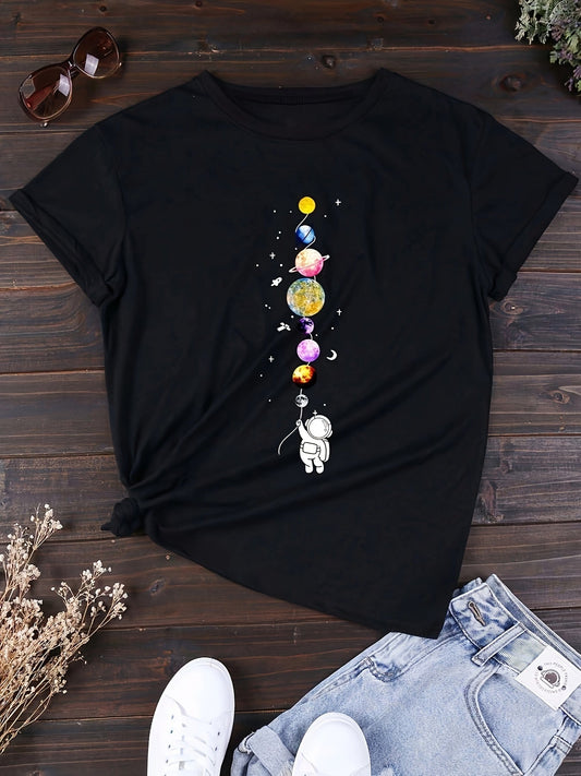 Dames T-shirt met astronaut en planeten – vrijetijdskleding, grafisch, ruimtevaartstijl