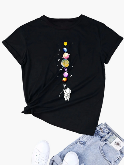 Damska koszulka z astronautą i planetami – casual, grafika, kosmiczny styl