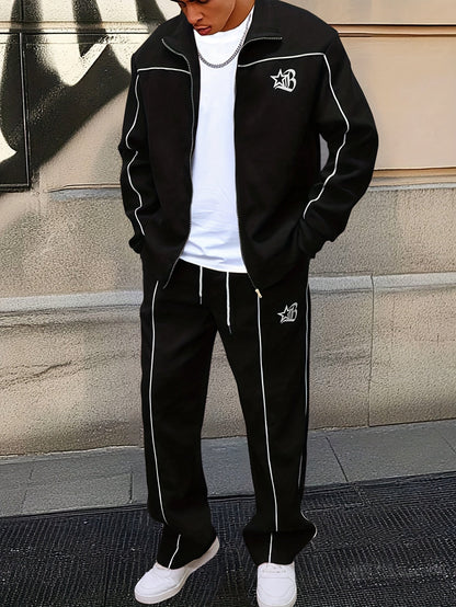 Tuta da ginnastica unisex con giacca con cerniera e pantaloni, bande a contrasto, applicazione con logo
