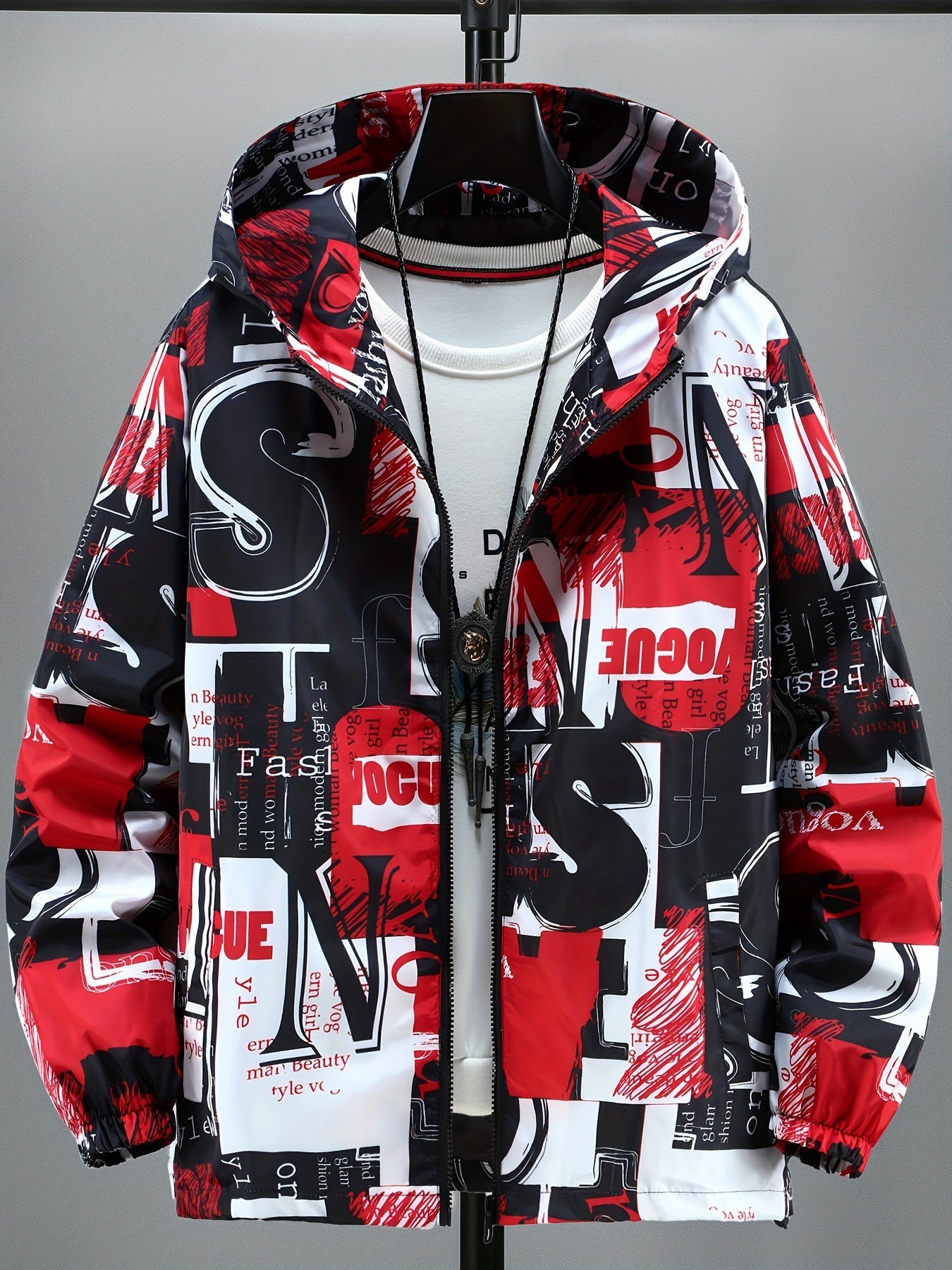 Giacca con cappuccio unisex con stampa testuale, giacca a vento casual con cerniera, rosso nero bianco