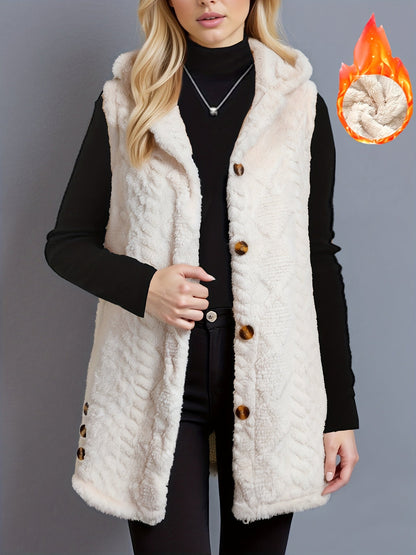 Gilet da donna con cappuccio in pile teddy e bottoni, bianco