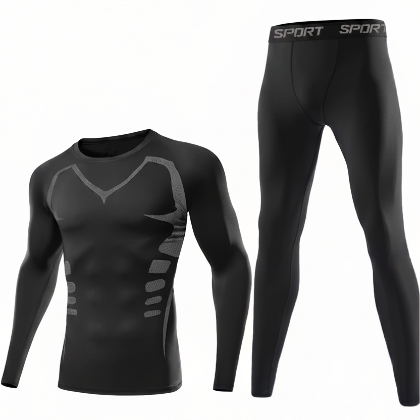 Herren Thermounterwäsche Set Schwarz Langarm Kompressionsshirt & Hose