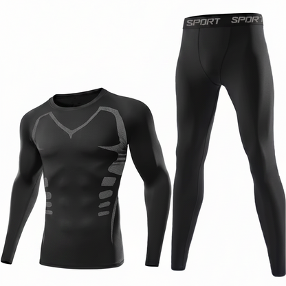 Herren Thermounterwäsche Set Schwarz Langarm Kompressionsshirt & Hose