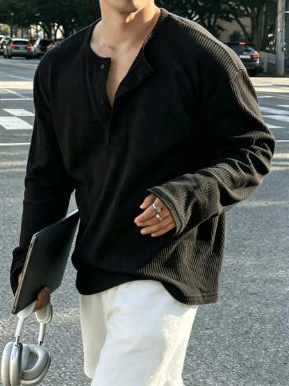 Camiseta de manga larga para hombre, de punto acanalado, con cuello Henley, informal