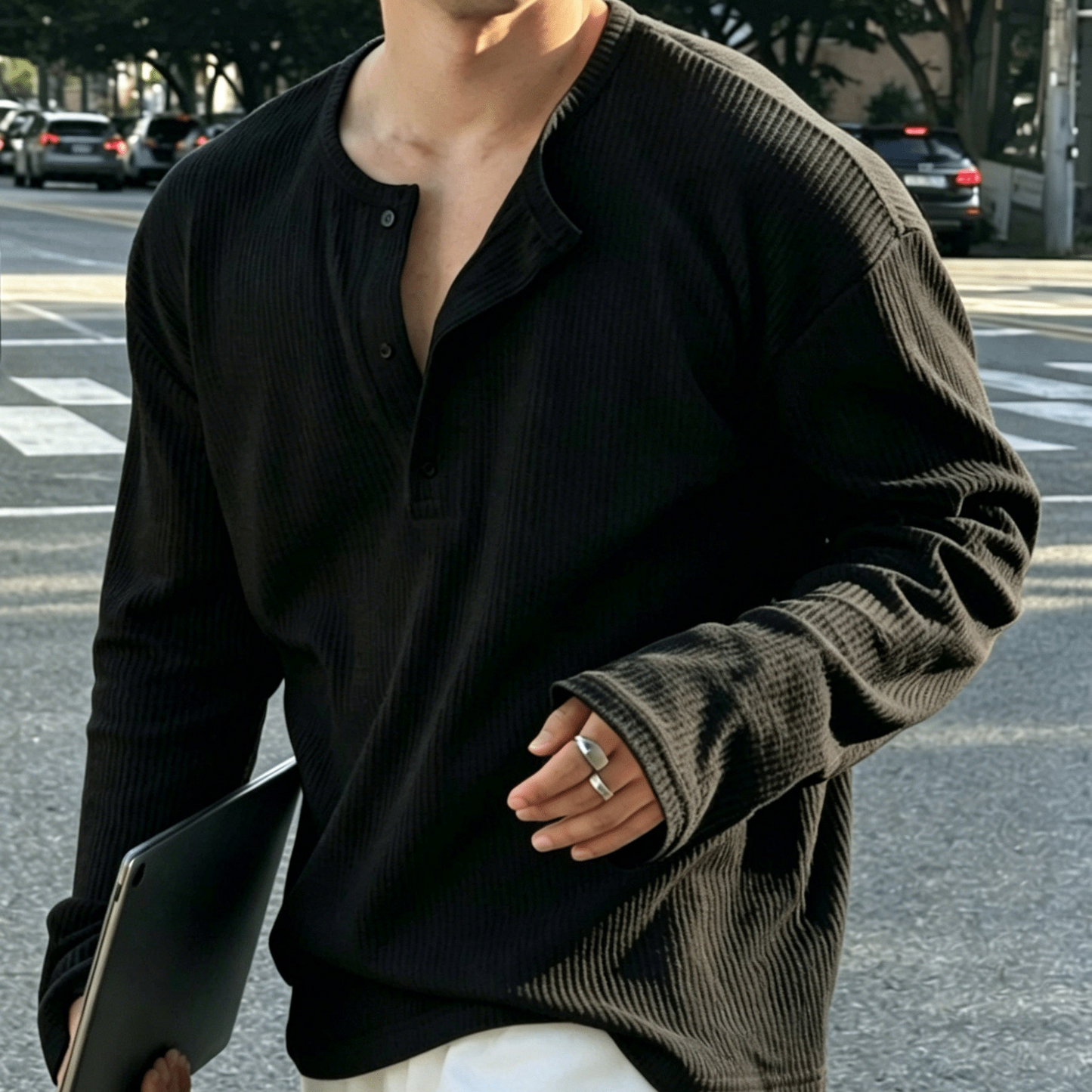 Camiseta de manga larga para hombre, de punto acanalado, con cuello Henley, informal