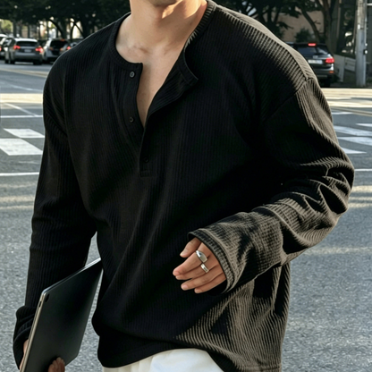 Camiseta de manga larga para hombre, de punto acanalado, con cuello Henley, informal
