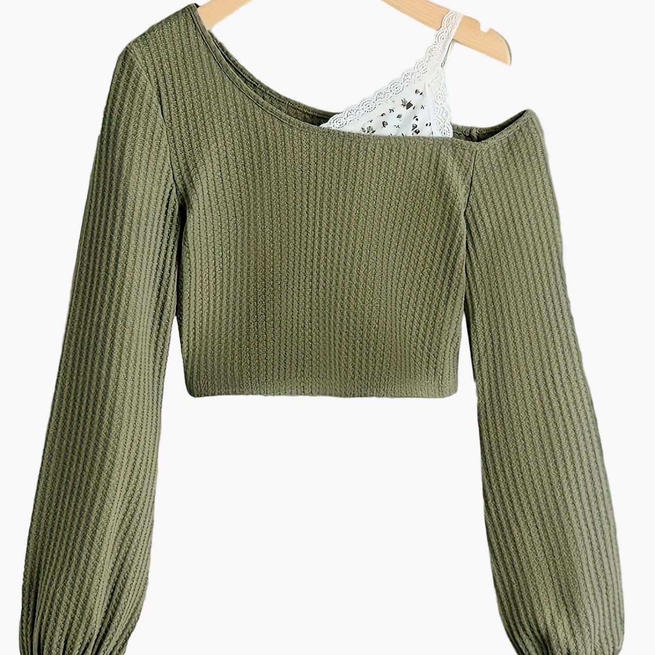 Damski modny sweter na jedno ramię z koronkowym akcentem – modny casualowy look