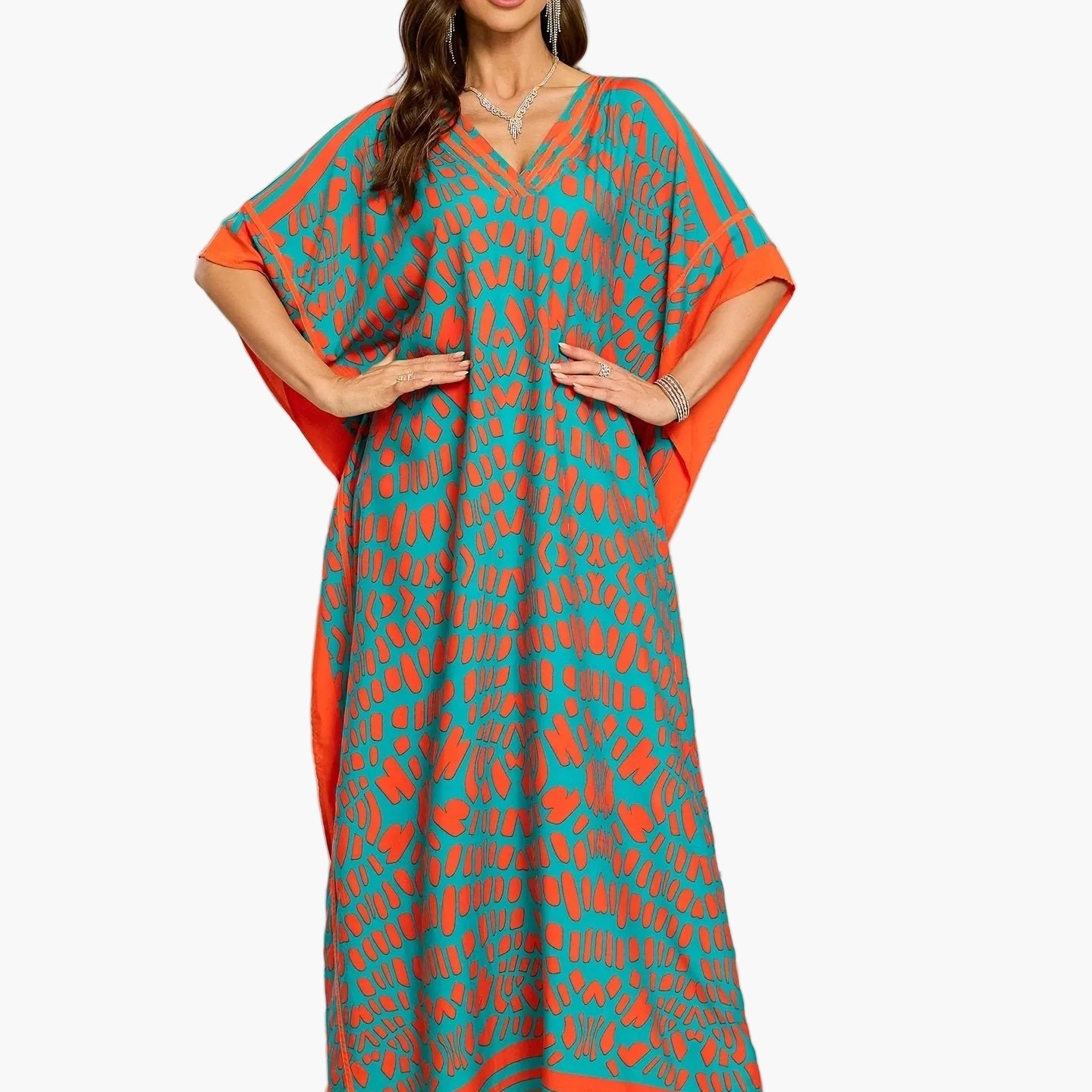 Damska boho kaftanowa sukienka maxi z dekoltem w serek – elegancka sukienka na lato i wakacje