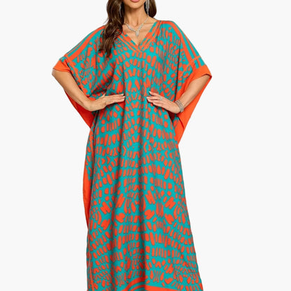 Damska boho kaftanowa sukienka maxi z dekoltem w serek – elegancka sukienka na lato i wakacje