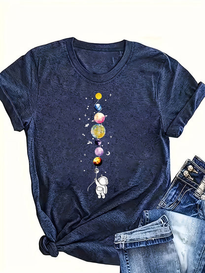 Damska koszulka z astronautą i planetami – casual, grafika, kosmiczny styl
