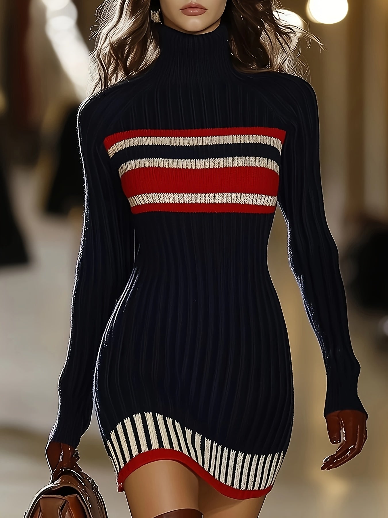 Damen Rollkragen Strickkleid Rippenmuster Marineblau Rot Weiß Gestreift