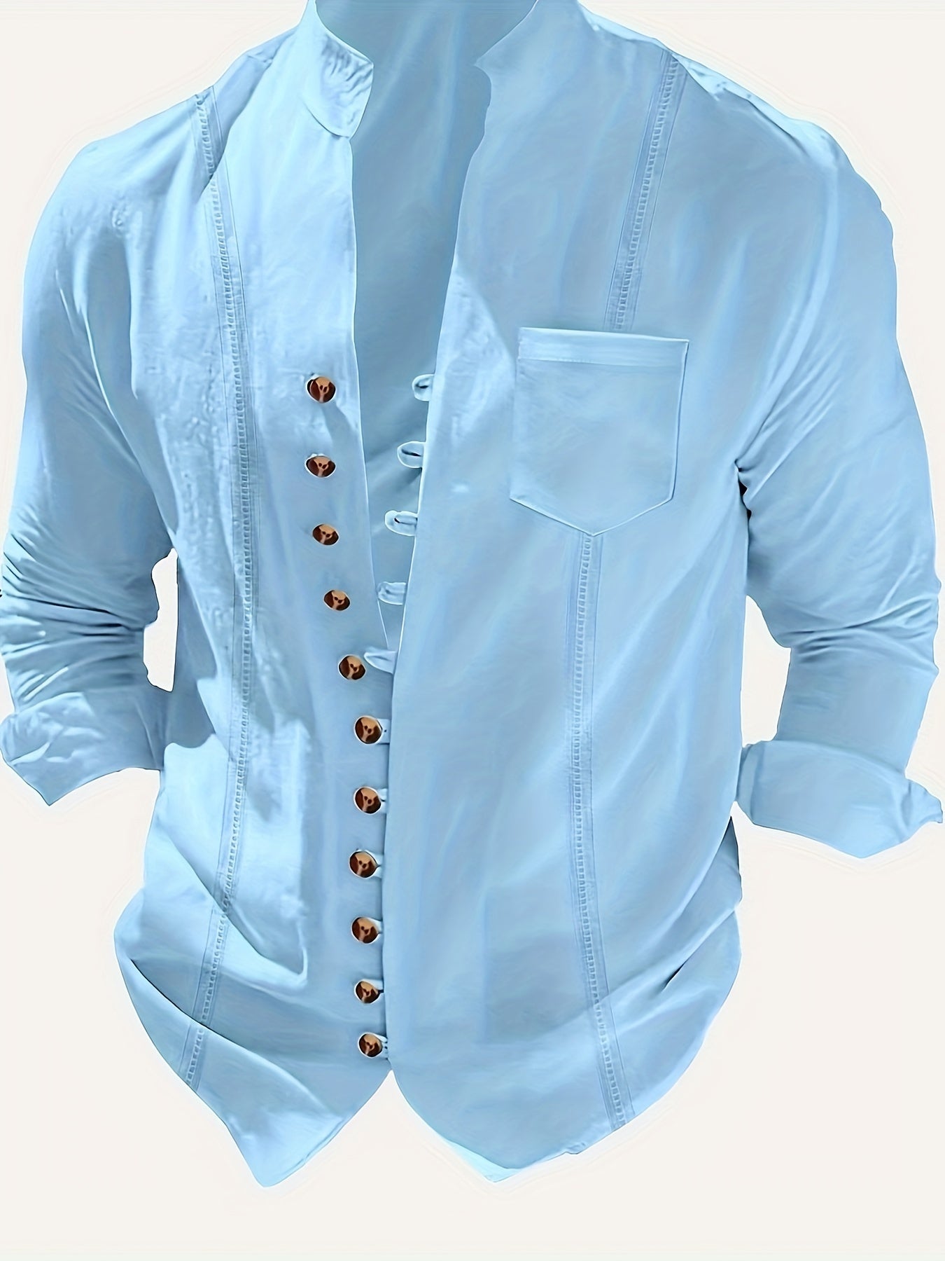 Camicia casual da uomo con collo alla coreana e abbottonatura – Maglia a maniche lunghe elegante per tutti i giorni e il weekend