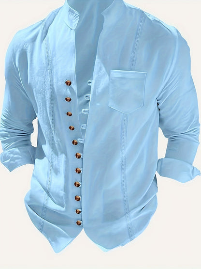 Camicia casual da uomo con collo alla coreana e abbottonatura – Maglia a maniche lunghe elegante per tutti i giorni e il weekend