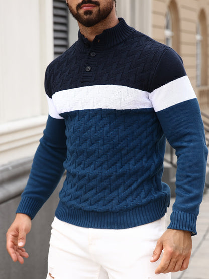 Herren Strickpullover Blockfarben Zopfmuster Stehkragen Knopfleiste