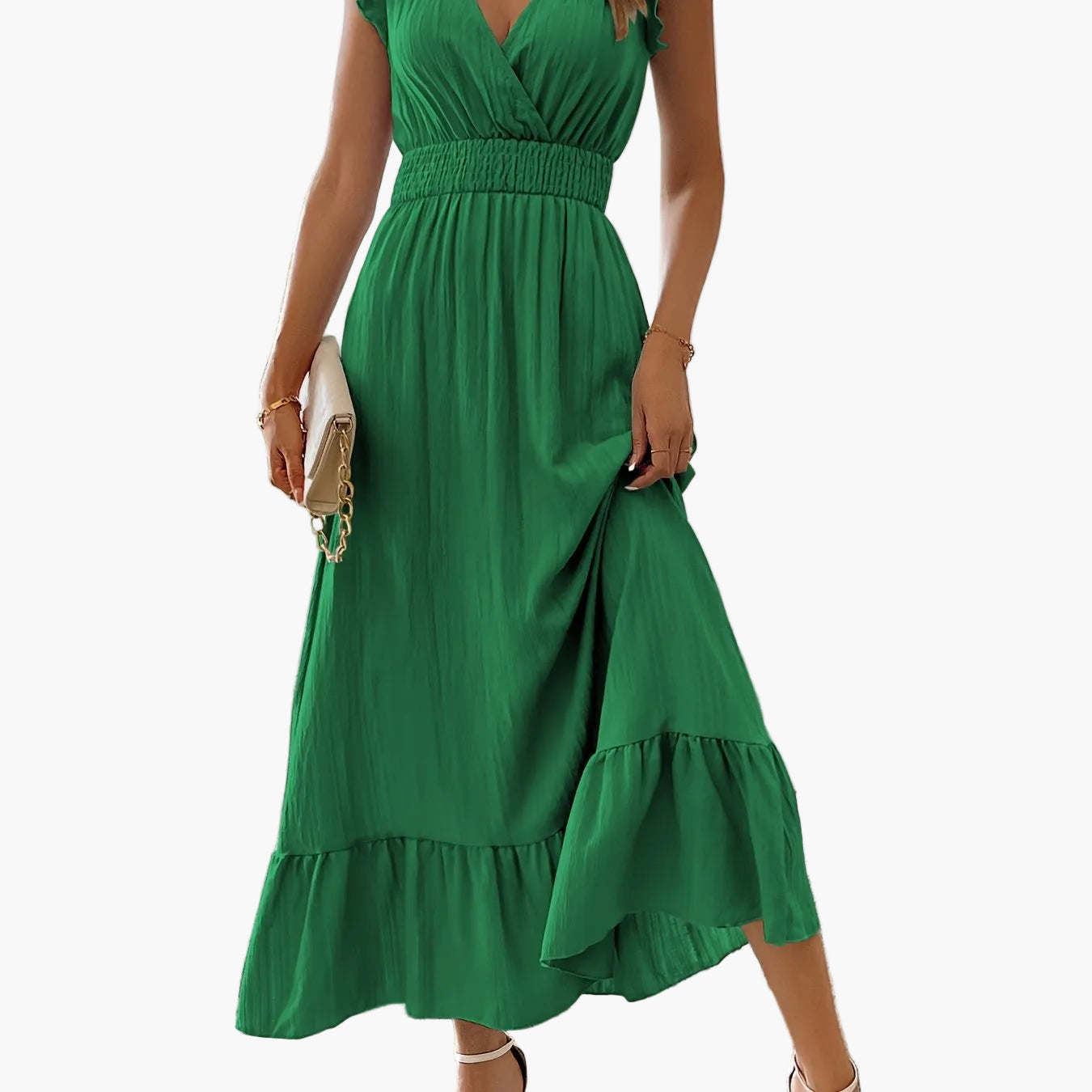 Robe longue élégante pour femme avec manches à volants et détail à la taille – Parfaite pour l'été et les vacances