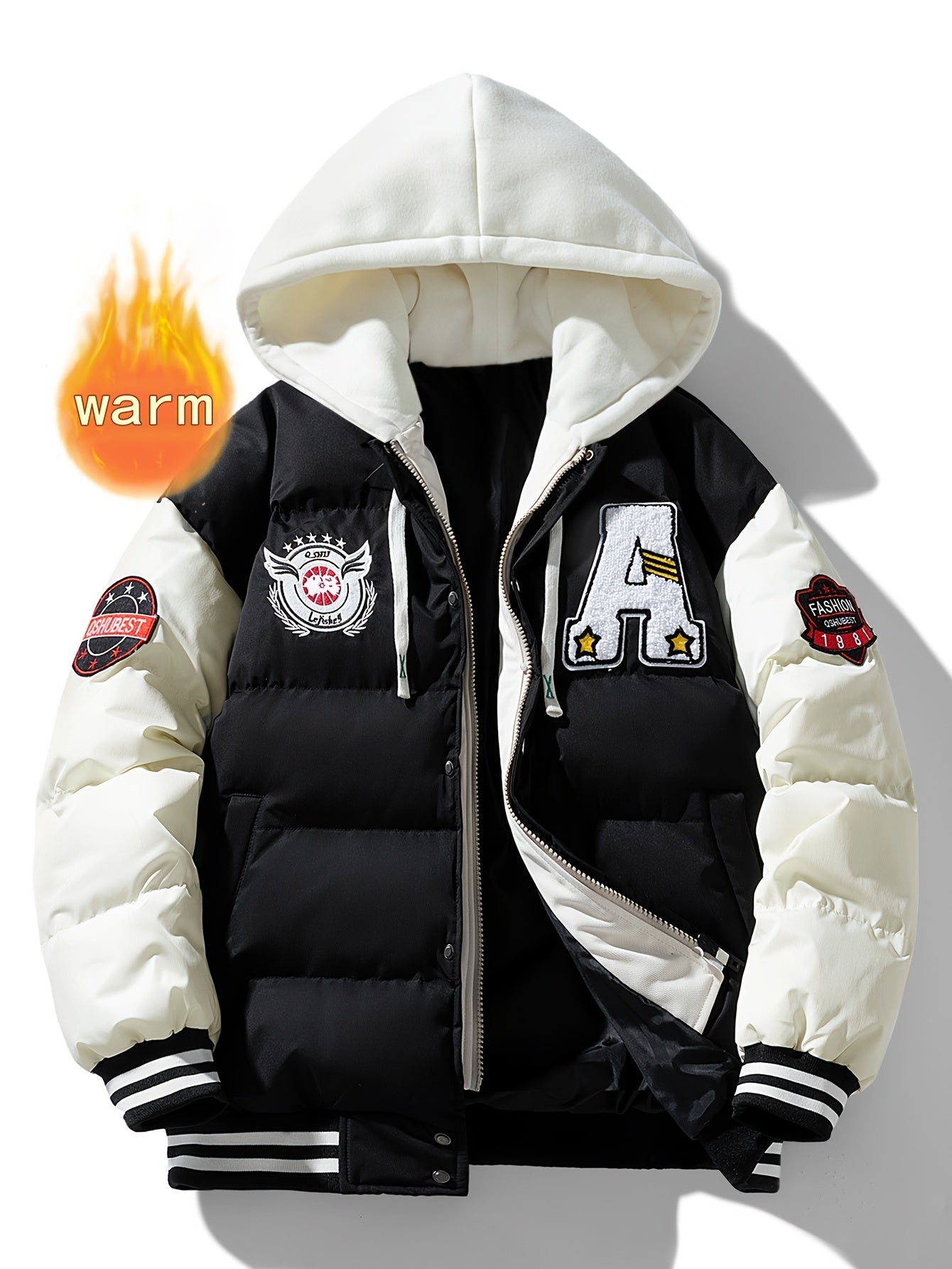 Steppjacke Herren Bomberjacke College-Stil Kapuze Grün