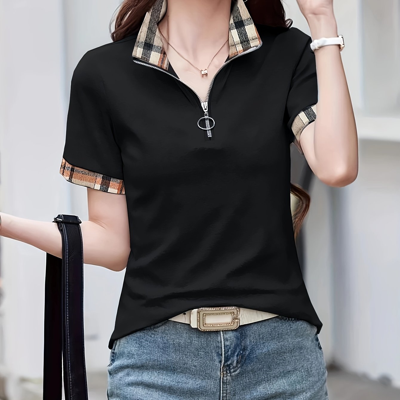 Polo casual da donna con zip e motivo a quadri – Maglia da tempo libero alla moda con collo con cerniera