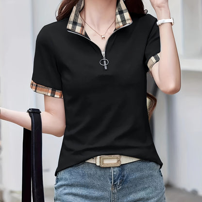 Polo casual da donna con zip e motivo a quadri – Maglia da tempo libero alla moda con collo con cerniera