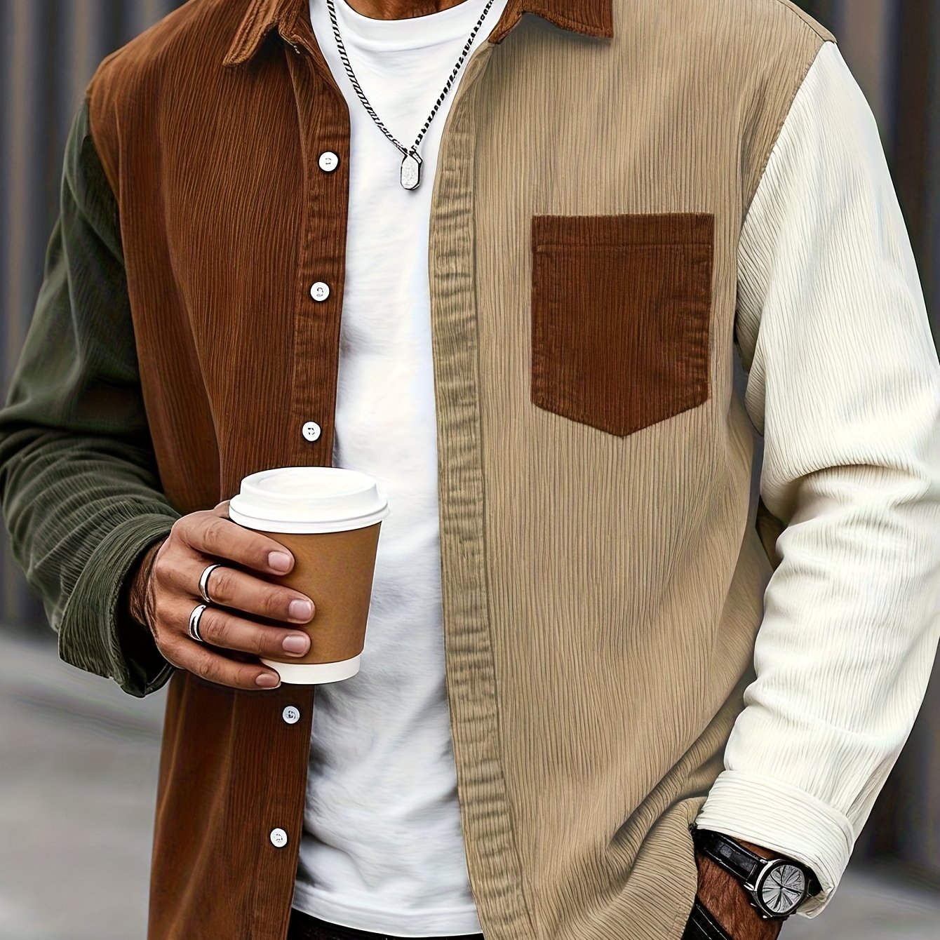 Heren patchworkcorduroy overhemd met lange mouwen, overshirt, bruin beige olijfgroen
