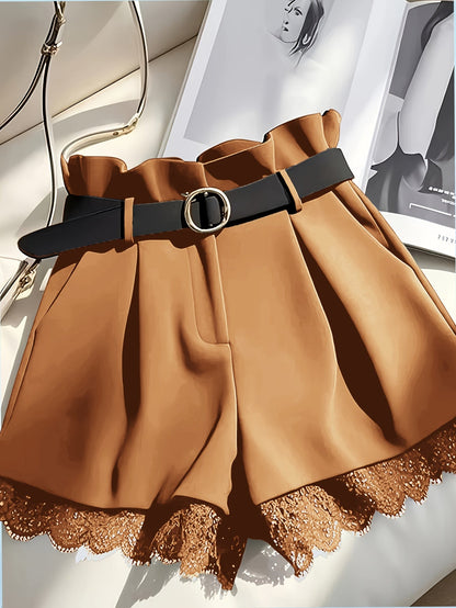 Shorts paperbag para mujer con cinturón y encaje – Shorts de talle alto elegantes para ocasiones especiales