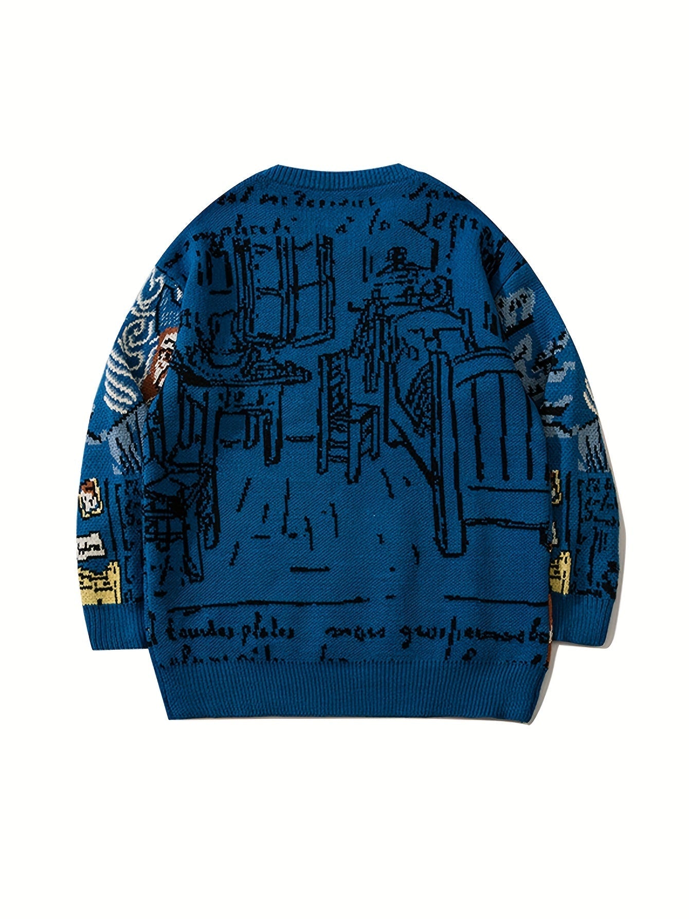 Pullover in maglia con scollo rotondo e motivo artistico blu