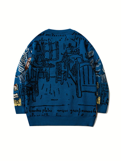 Pullover in maglia con scollo rotondo e motivo artistico blu