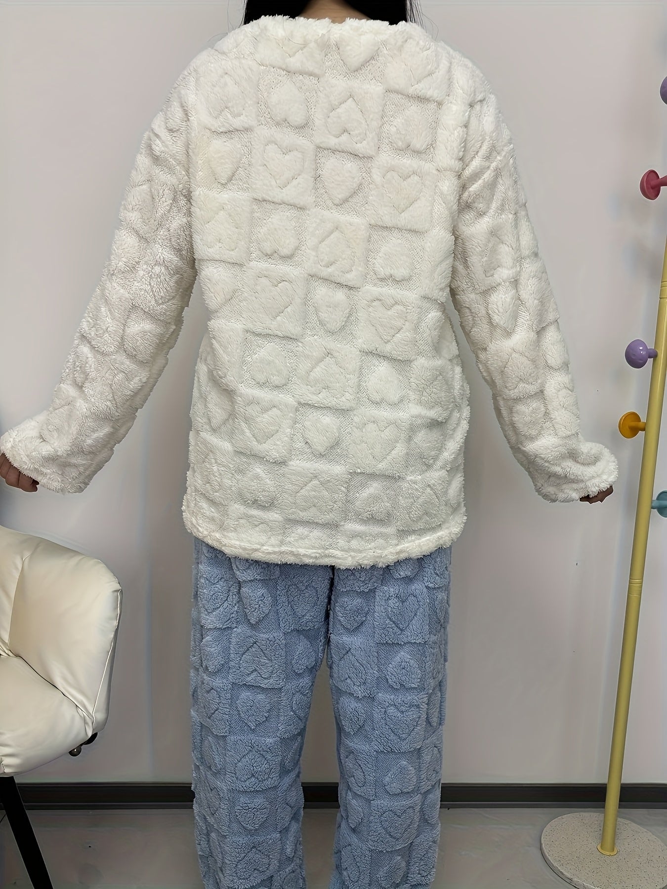 Pigiama coccoloso con motivo a cuori, morbido pigiama loungewear