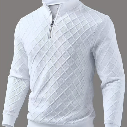 Herren Halb-Reißverschluss Pullover Weiß mit Rautenmuster, Langarm, Stehkragen