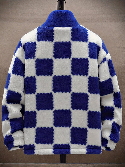Chaqueta unisex de forro polar de peluche con cremallera y estampado de tablero de ajedrez azul y blanco